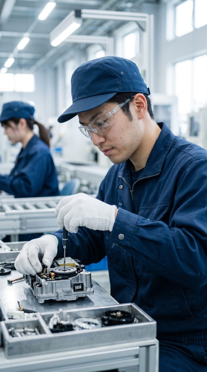 製造ラインで部品を組み立てる男性スタッフ