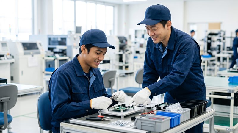 工場で日本人の先輩が外国人スタッフに作業を教える様子