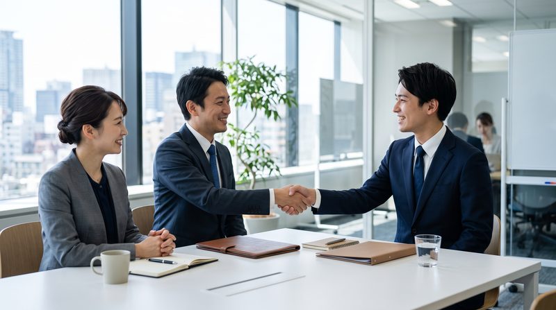 採用が決まり採用担当者と握手する求職者